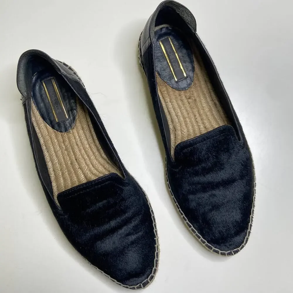 Rachel Zoe Cherry Calf Hair Espadrille‎ Flats Sz 8.5 Black Leather Slip Ons